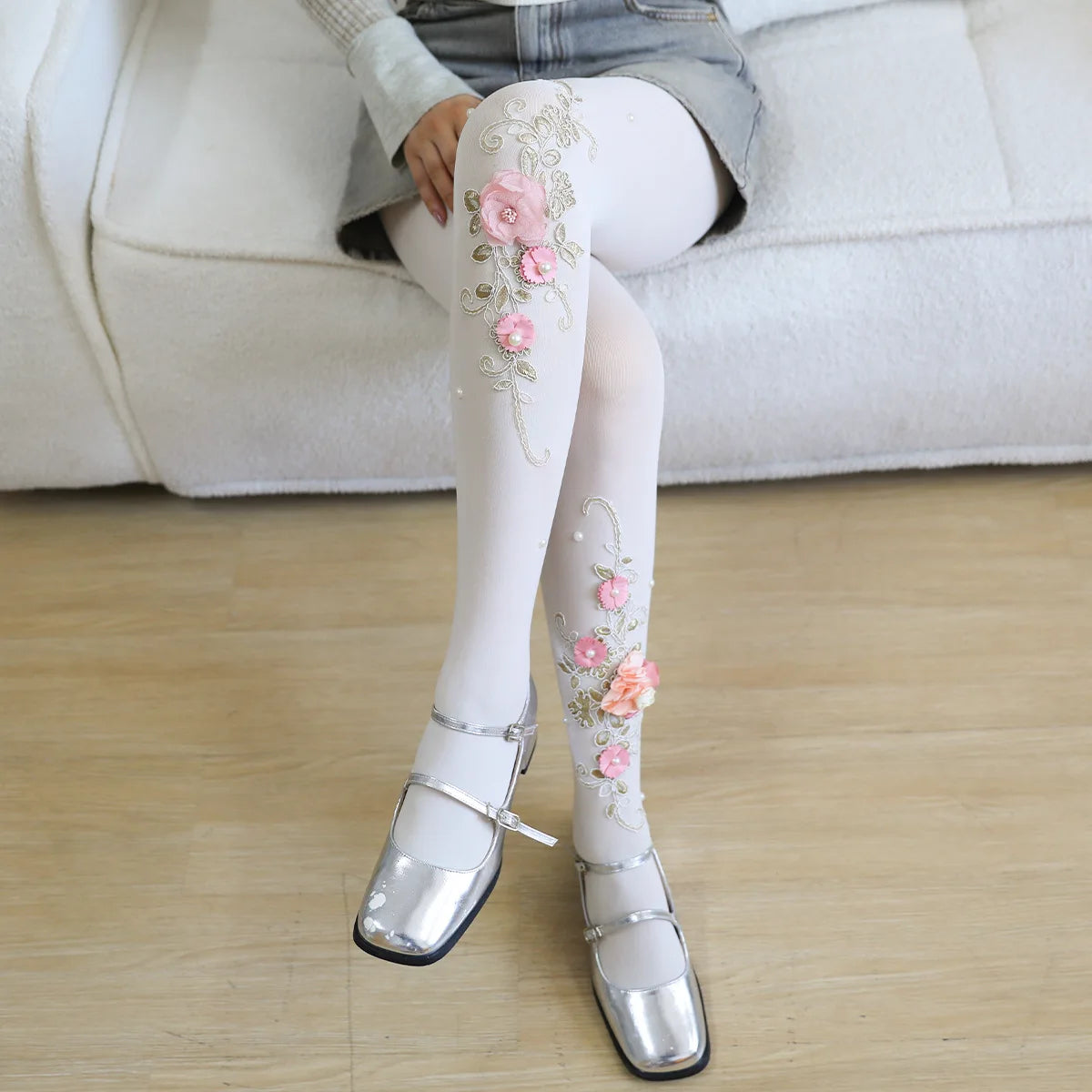 Pantyhose Women Flower Embroidery Handmade Pearl Diamond Women Tights Sexy Lingerie Thigh High Stockings Pantyhose Tights Women